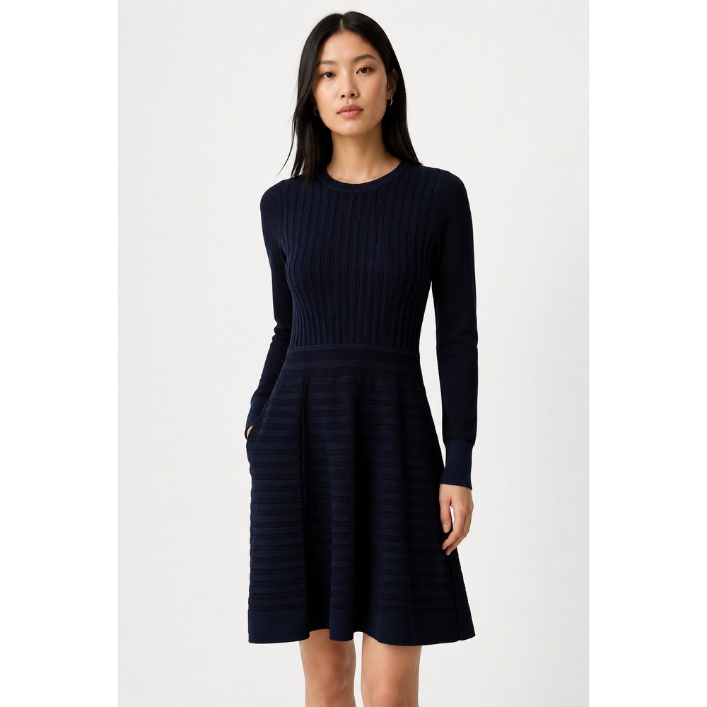 Club Monaco Navy Blue‎ Ribbed Knit Fit and Flare Long Sleeve Dress XS